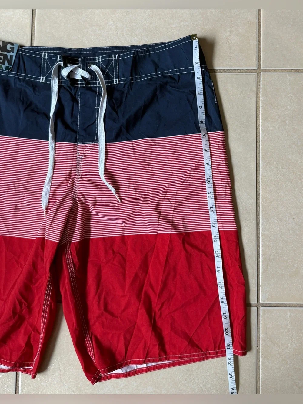 Hang Ten Men's Board Shorts Size 34 Swim Trunks Colorblock Striped Indigo Red